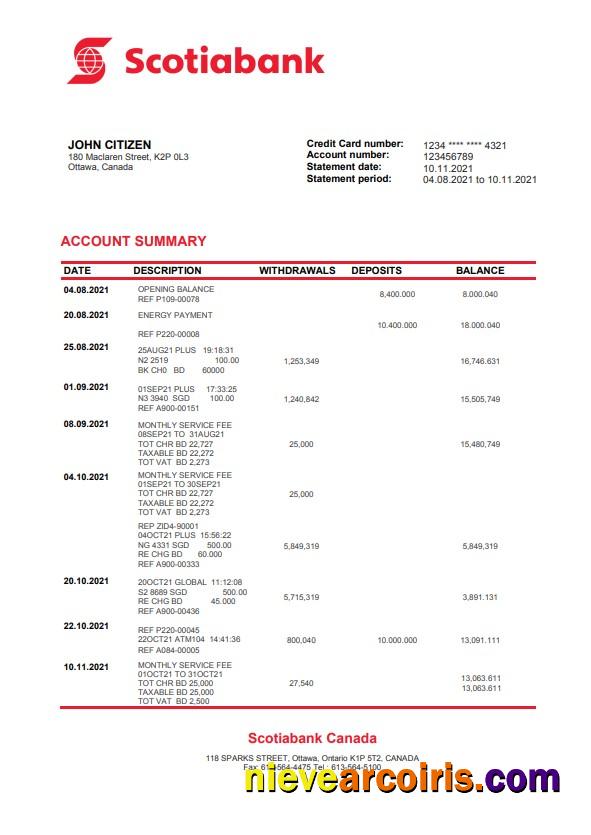 Canada Scotiabank bank statement in Word and PDF format